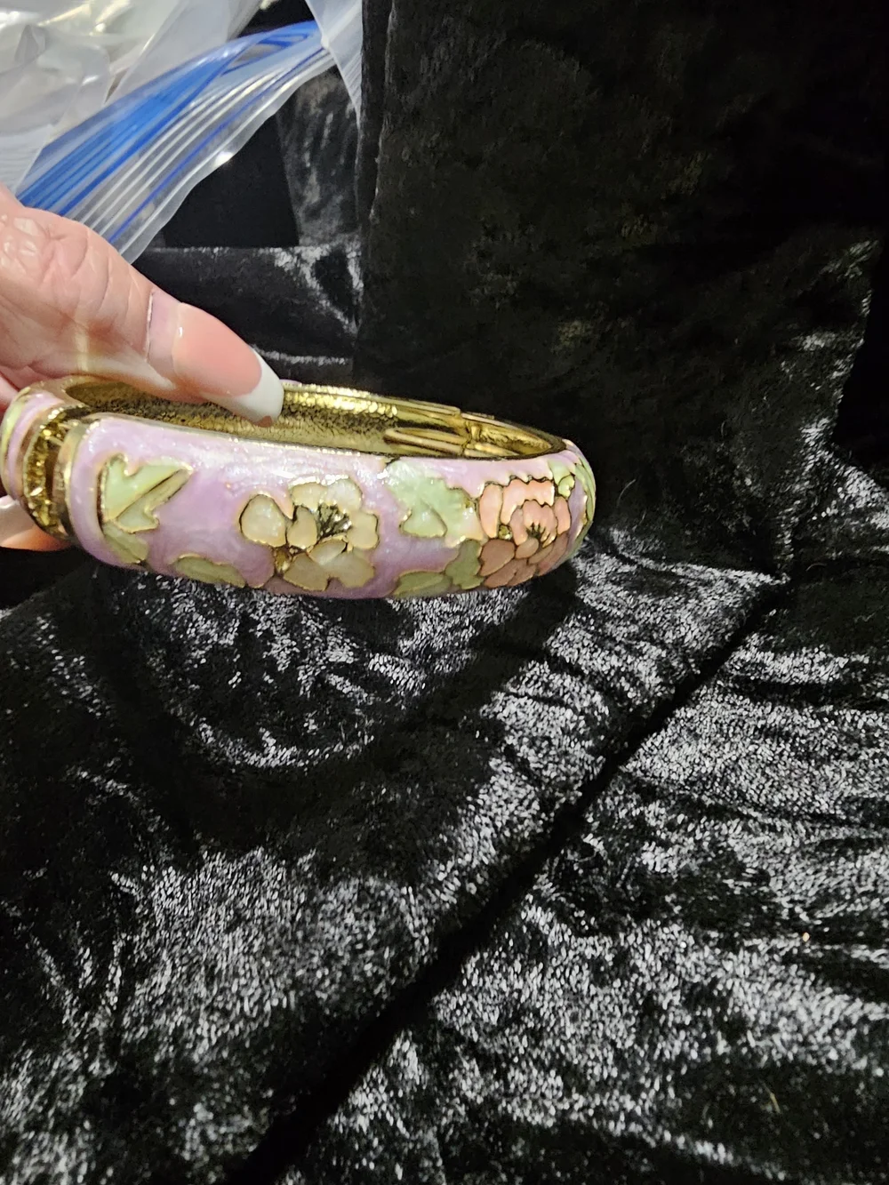 Pink Floral Cloisonné Bangle Bracelet with Gold Accents